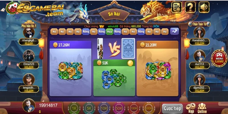 Tham gia đặt cược Rồng Hổ Đại Chiến tại 68 game bài theo các bước đơn giản